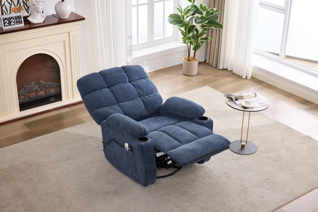Heat Massage Manual Recliner Chair with Rocker and Swivel in Fabric for Living Room, Blue