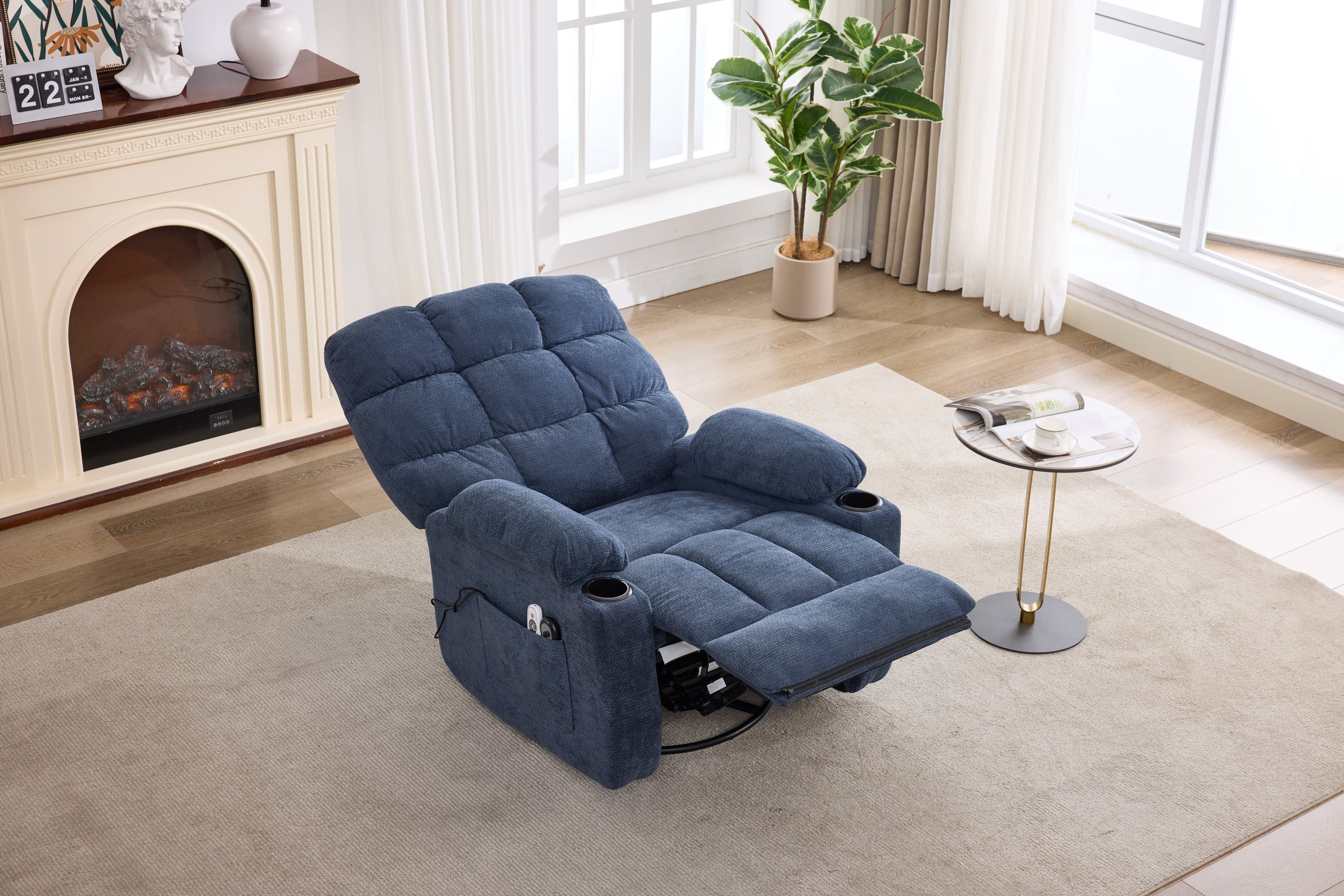 Heat Massage Manual Recliner Chair with Rocker and Swivel in Fabric for Living Room, Blue