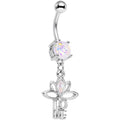 White Faux Opal Framework Love Lotus Flower Dangle Belly Ring