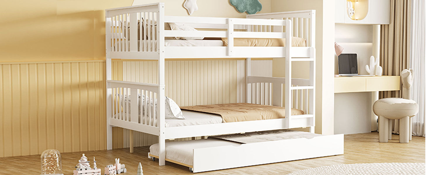 Full over Full Bunk Bed with Twin Size Trundle and Ladder-White(Old SKU: LT000204AAK)