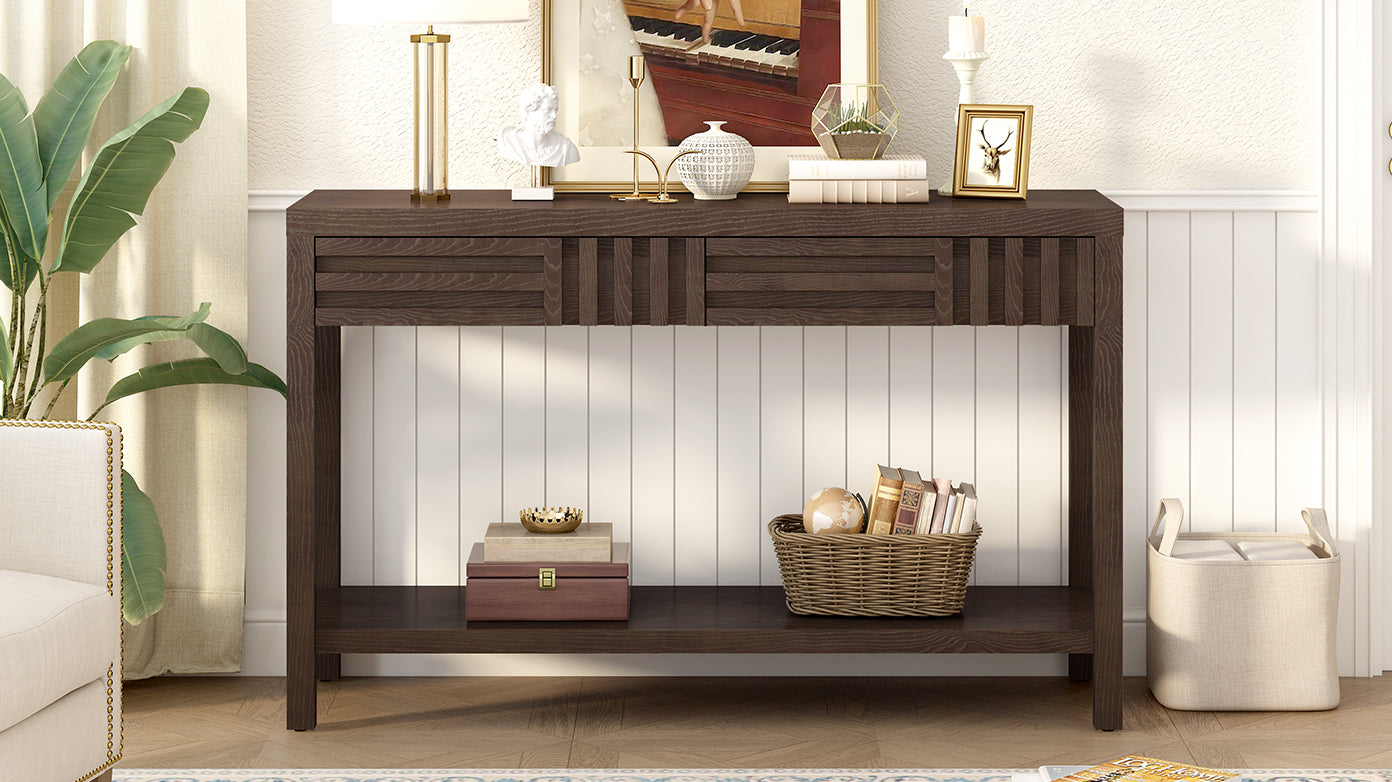 U_STYLE Modern Ash Veneer Console Table, Classic Striped Design, with 2 Drawers & Open Shelf, Perfect for Living Room, Hallway, Entryway, Study Room