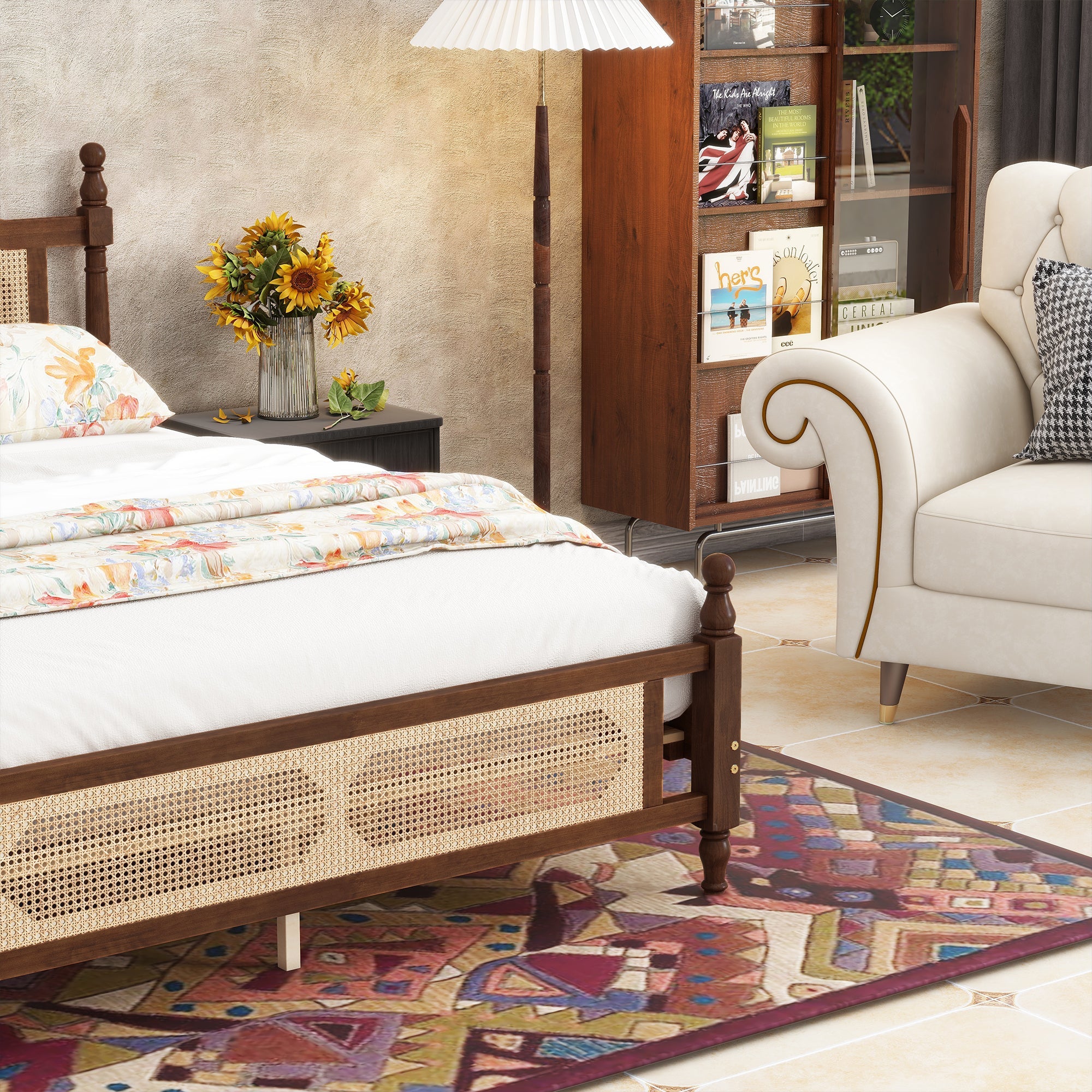 Queen Pine wooden Bed with Rattan Headboard  and Footboard, with  Central Enhanced Bed Platform,Walnut