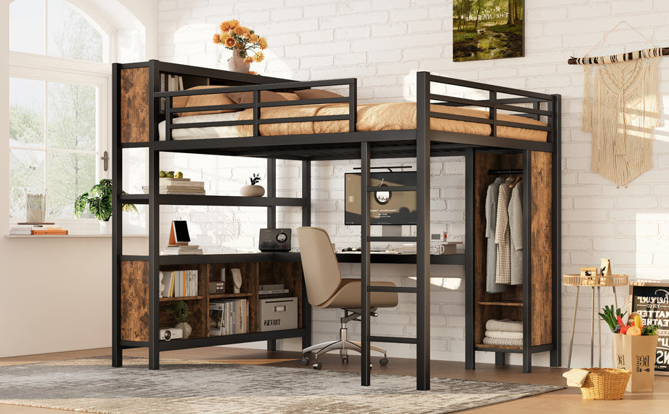 Metal Loft Bed with Wardrobe And L-shaped Desk, Queen Size Loft Bed with Storage Cubes and Shelves, Heavy Duty Loft Bed for Kids Teens Adults, Black Woodgrain