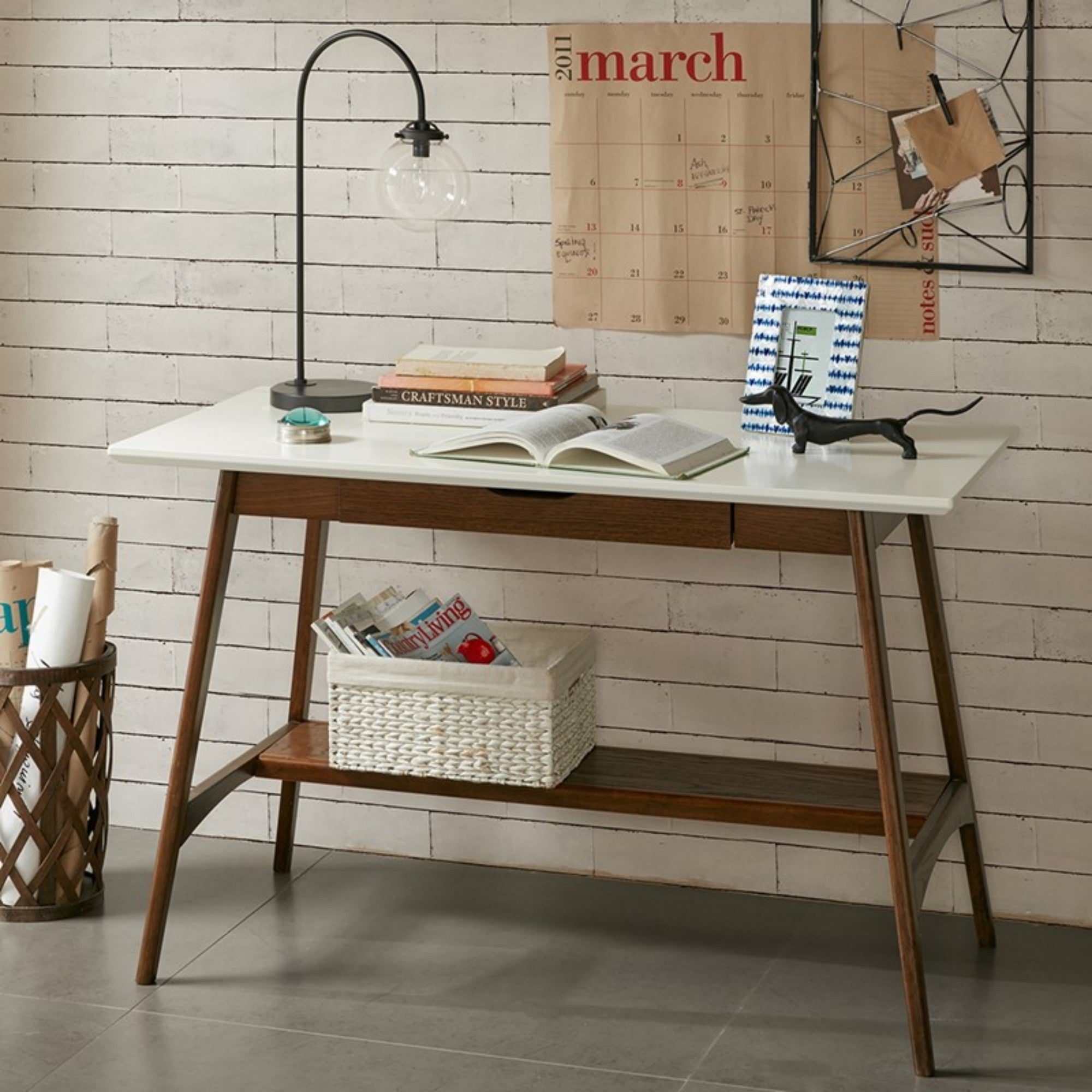 Parker Mid-Century Desk with Storage Shelf in Off-White and Pecan Wood