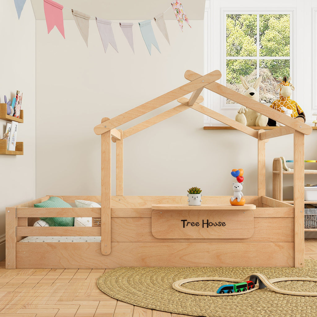 Full Size Floor Bed with Guardrails and Roof, Kids House Floor Bed with a Small Built-in Tray and Free-installed Signboard, Childlike Design, Natural