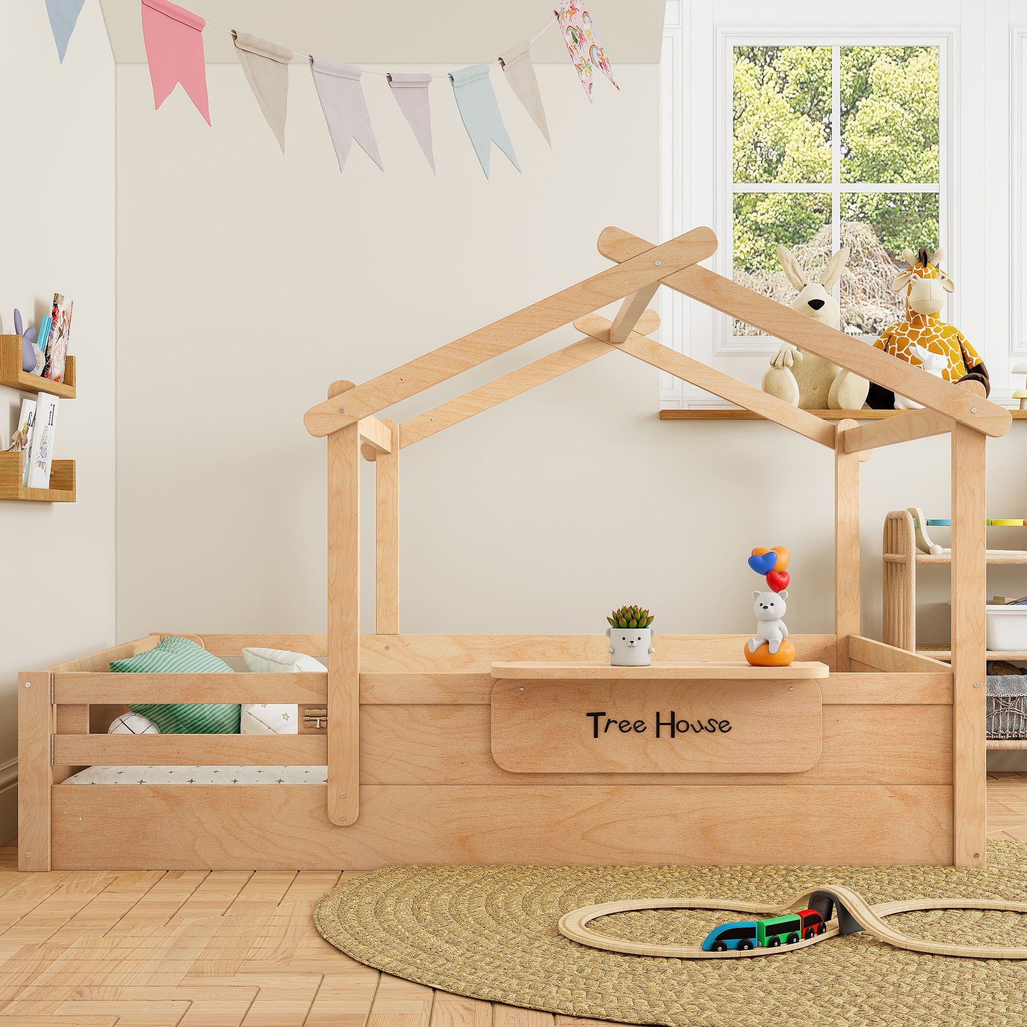 Full Size Floor Bed with Guardrails and Roof, Kids House Floor Bed with a Small Built-in Tray and Free-installed Signboard, Childlike Design, Natural