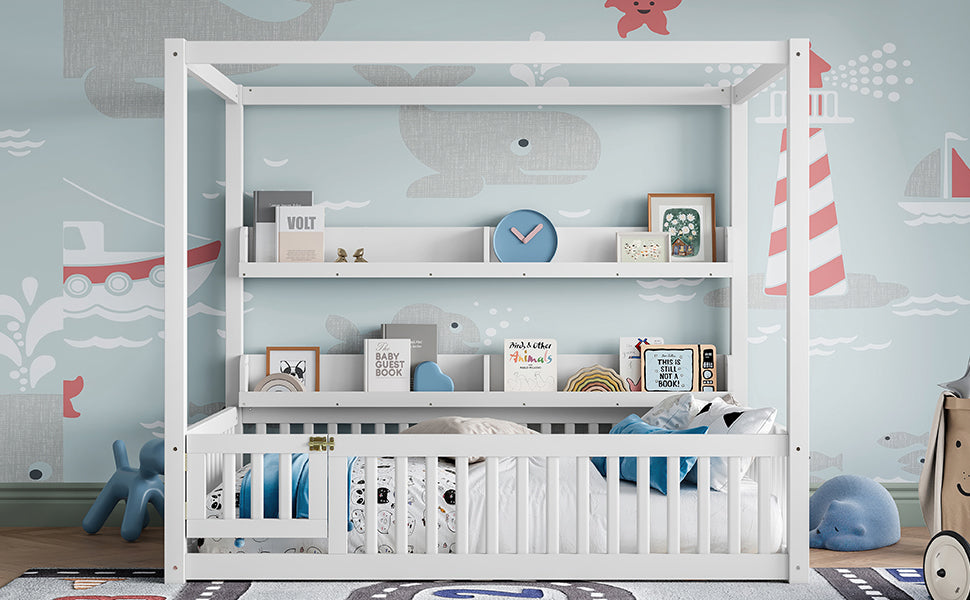 Full Size Canopy Bed with Guardrails, Solid Wood Floor Bed with Shelves, Montessori Floor Bed Frame for Kids, Boys, Girls, No Spring Box Needed, White