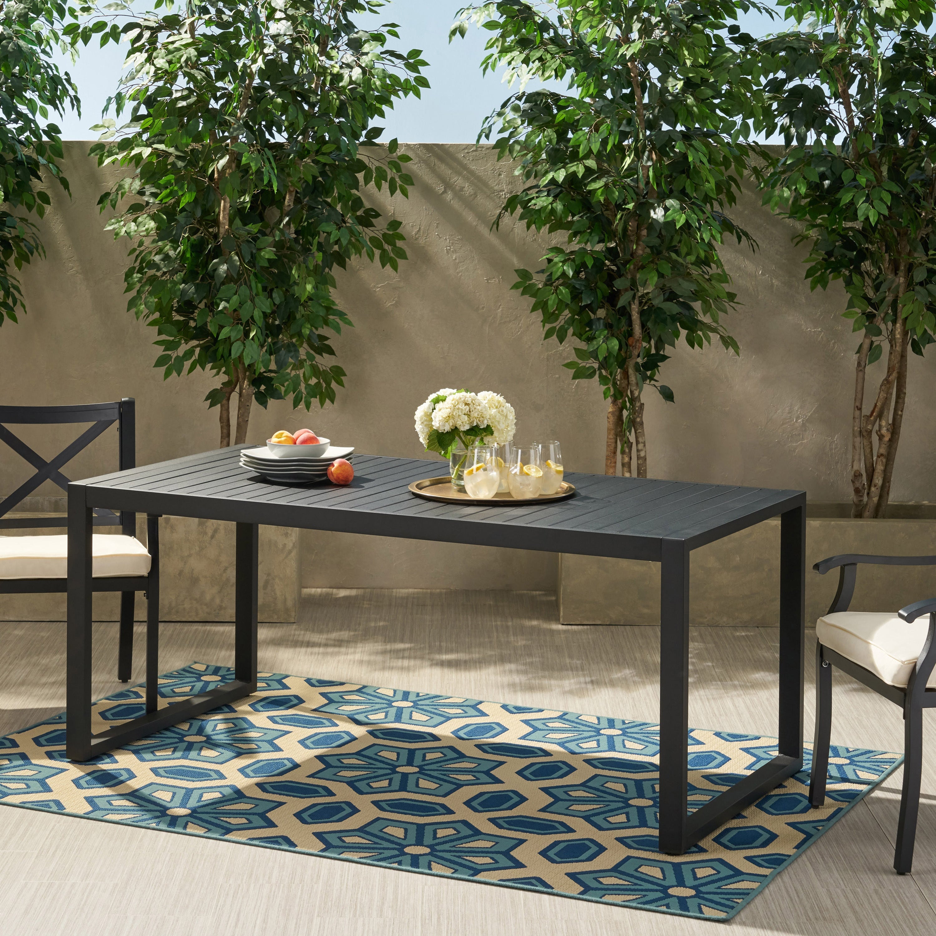 Modern Outdoor Dining Table with Black Aluminum Frame, Slatted Top, and U-Shaped Legs – 70' x 35'