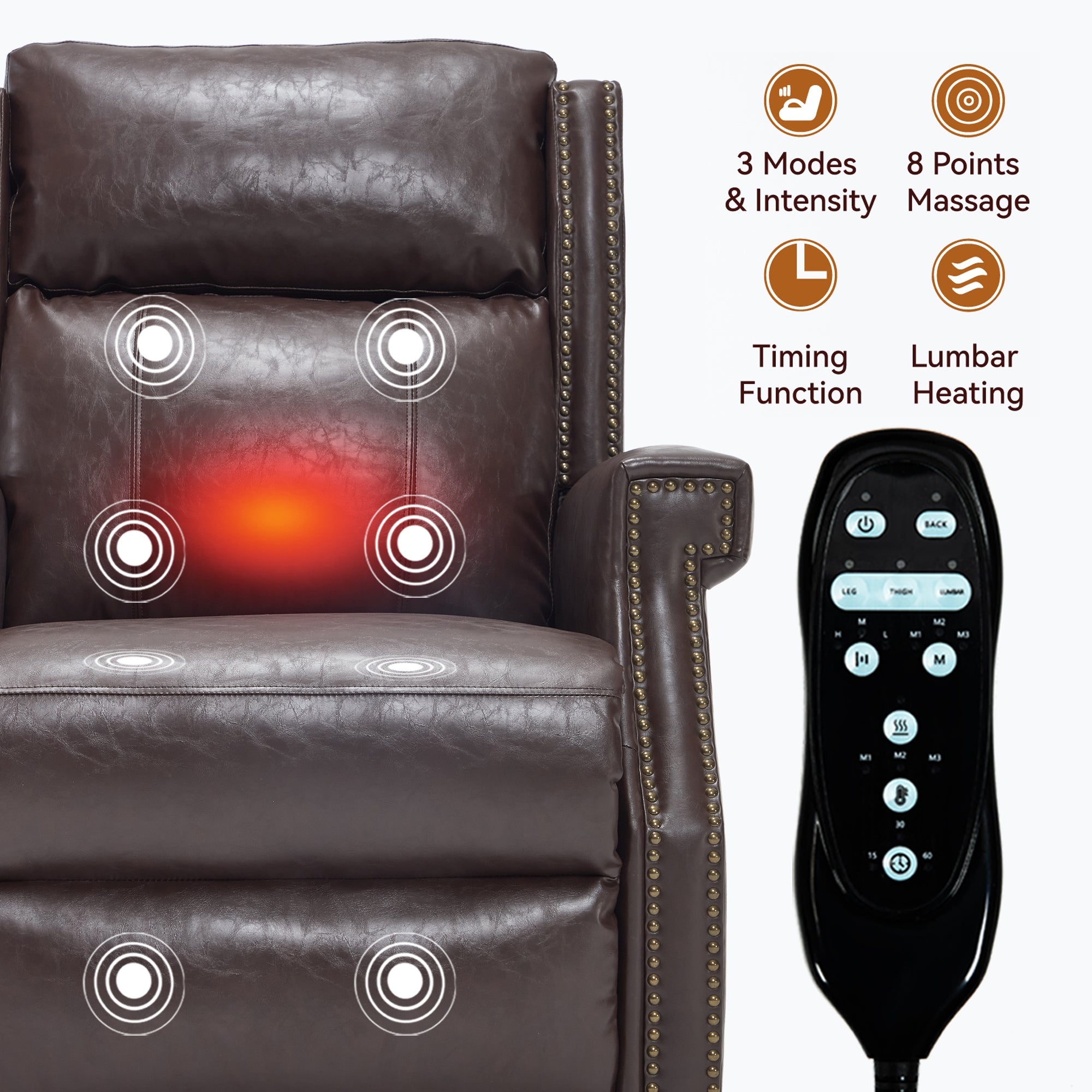 Brown Manual Recliner Chair in Faux Leather for Living Room with Heavy Duty Motion Mechanism, 8 vibrating nodes and 3 massage modes