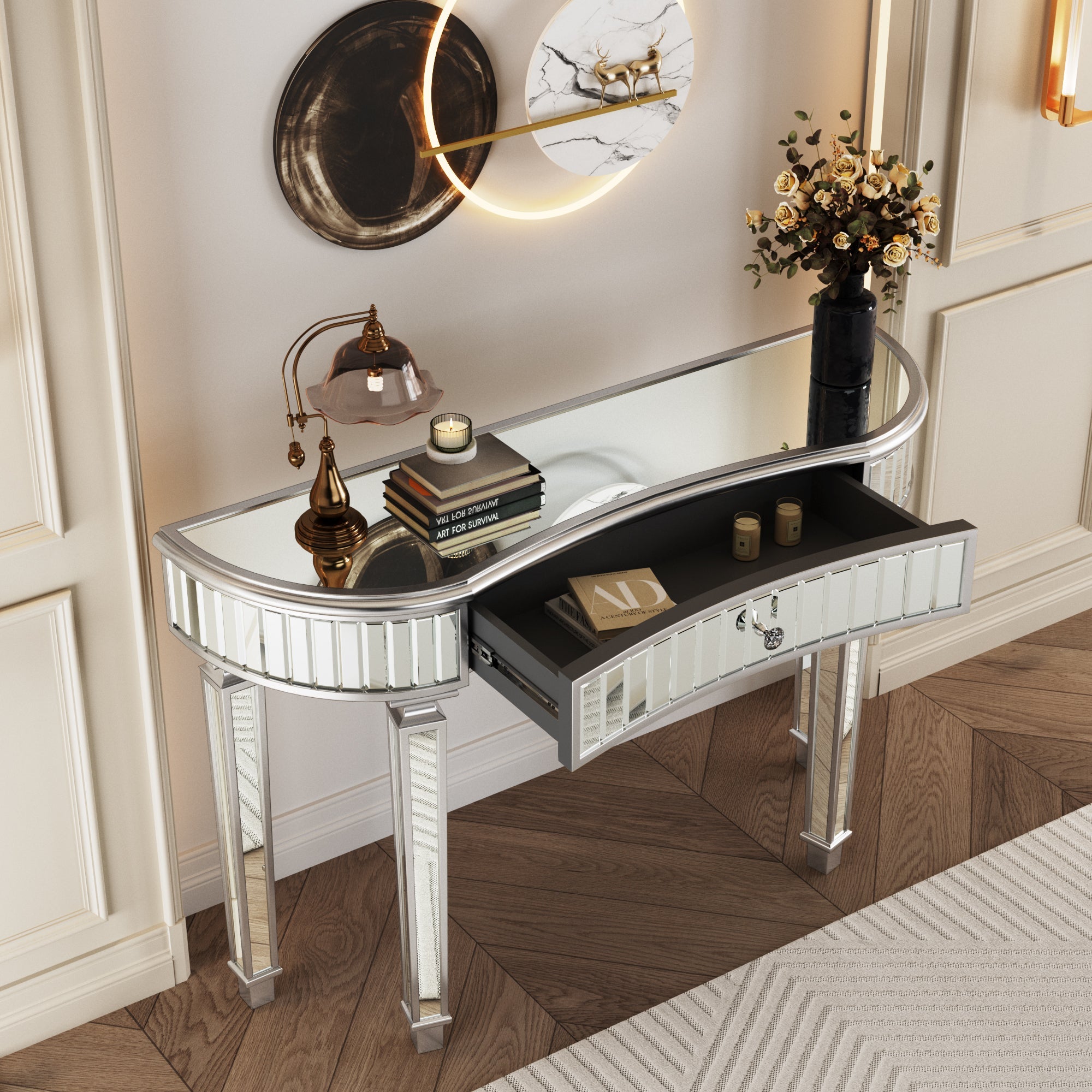 47' Half-Moon Mirrored Console Table with Fluted Glass & Crystal Knob Drawer - Silver Entryway Vanity Desk for Bedroom/Dressing Room(Grey+Sliver)