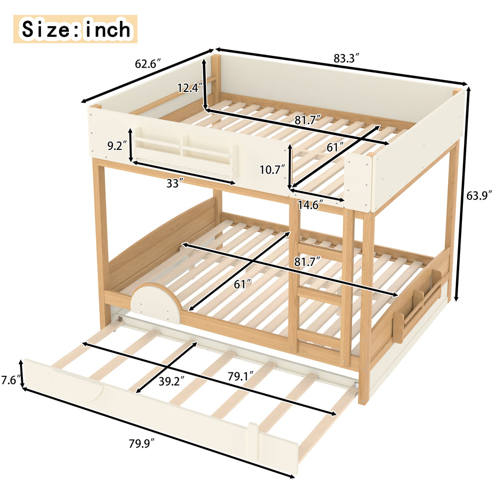 Queen Bunk Bed with Trundle , Wood Bunk Bed Frame with Built-in Bookshelf and High-quality Safety Guardrail,Automobile Form Design for Kids,Natural＆Beige