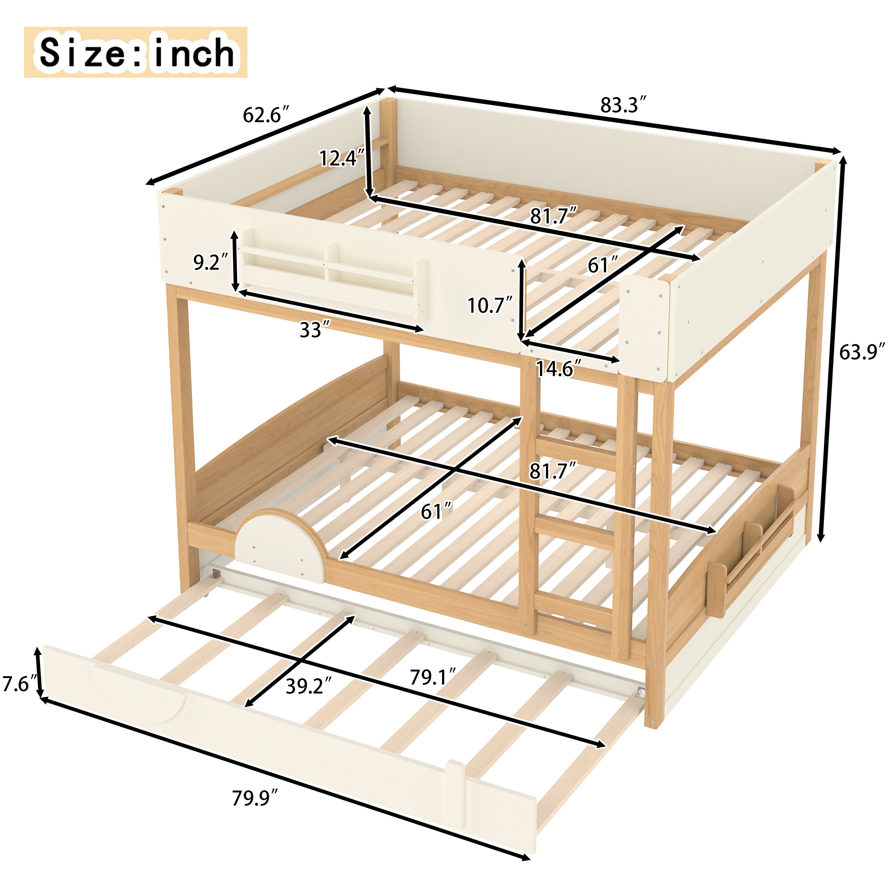 Queen Bunk Bed with Trundle , Wood Bunk Bed Frame with Built-in Bookshelf and High-quality Safety Guardrail,Automobile Form Design for Kids,Natural＆Beige