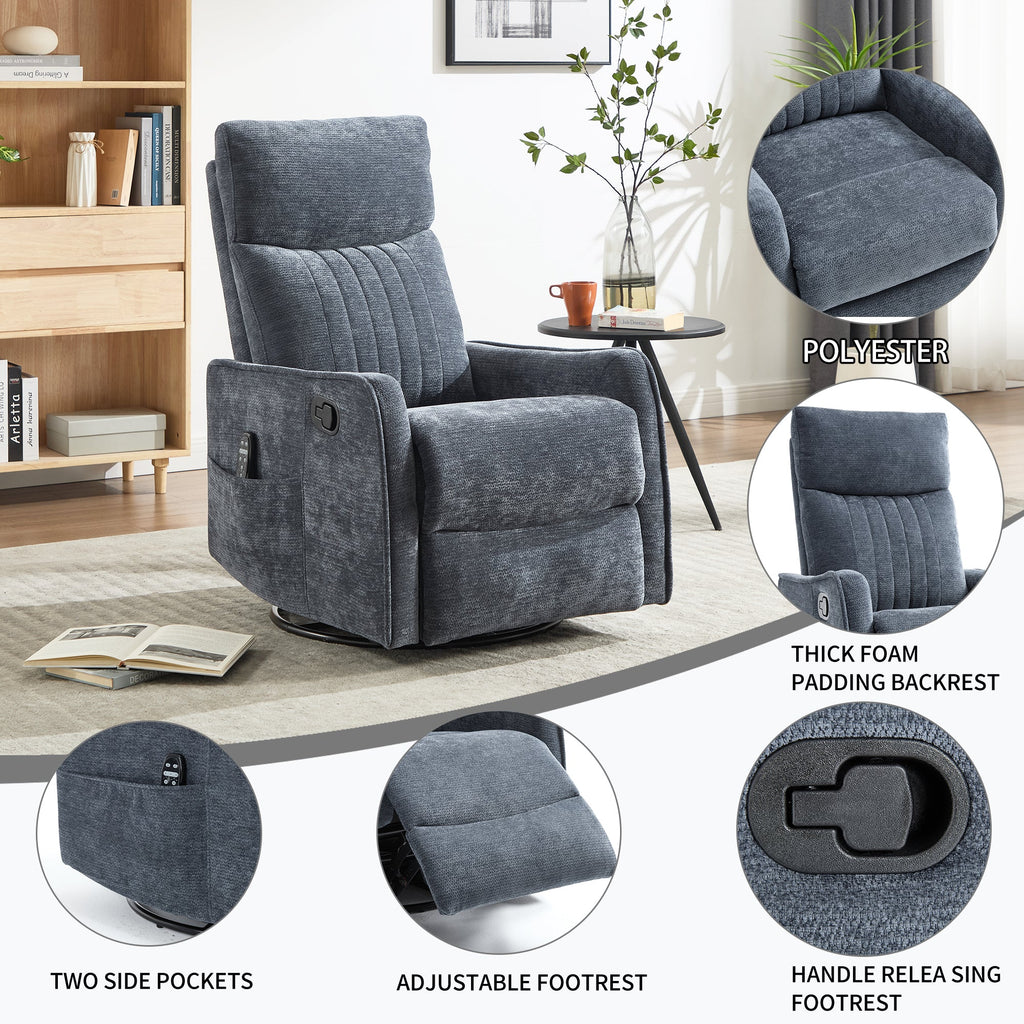 Blue Heat Massage Manual Recliner Chair with Rocker and Swivel in Fabric for Living Room