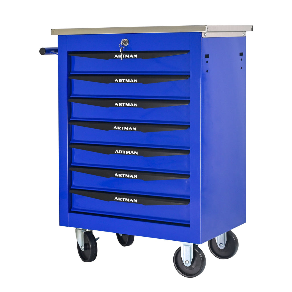 7 Drawers Multifunctional Tool Cart with Wheels,Metal Rolling Tool Cart Storage for Garage Workshop Warehouse Repair Shop--With Stainless Steel Roof- BLACK&BLUE