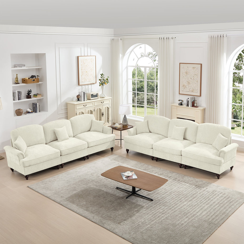 Classic 2 Piece Modular Couch Living Room Sofa Set with Flared Arms and Removable Ruffles Pleats Skirts and Spindle Legs, 3 Seater Sofa +3-Seat Loveseat Sofa Sets for Living Room, Beige White