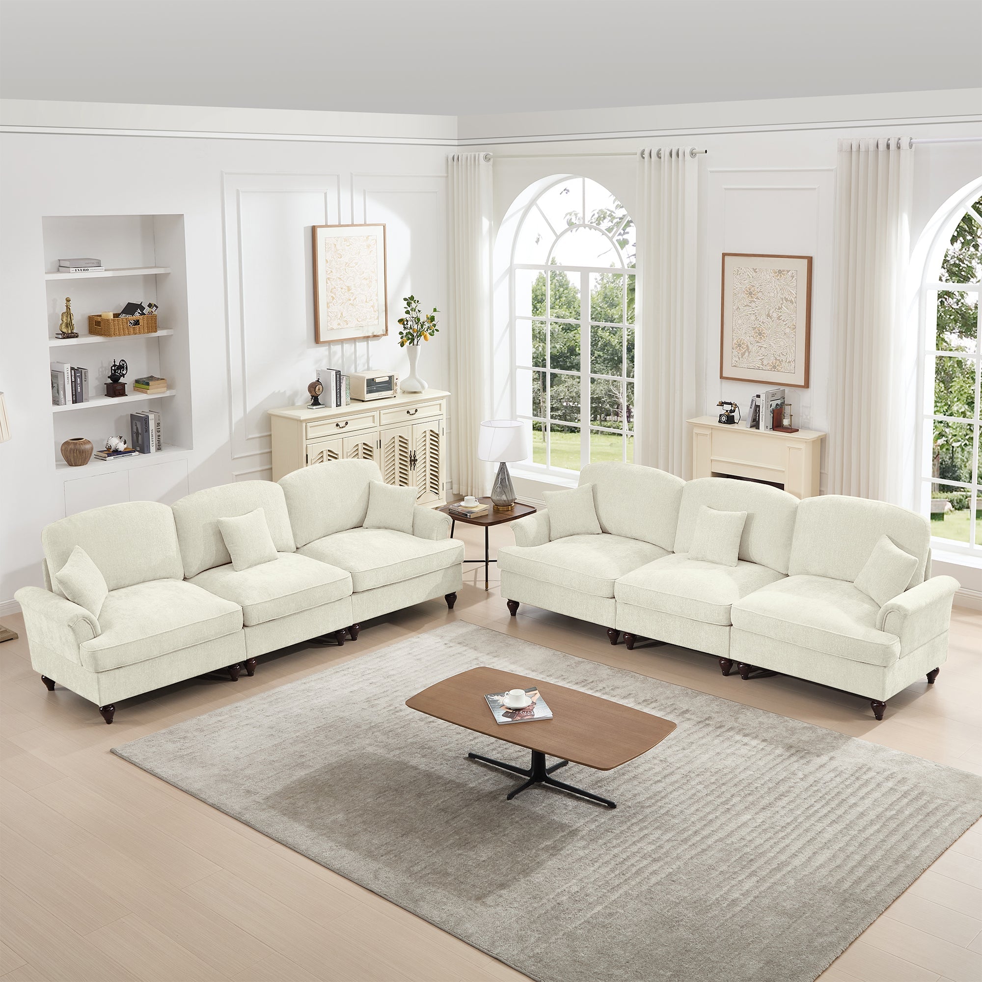 Classic 2 Piece Modular Couch Living Room Sofa Set with Flared Arms and Removable Ruffles Pleats Skirts and Spindle Legs, 3 Seater Sofa +3-Seat Loveseat Sofa Sets for Living Room, Beige White