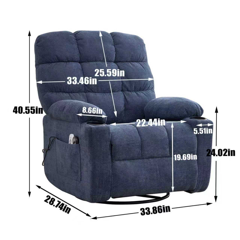 Heat Massage Manual Recliner Chair with Rocker and Swivel in Fabric for Living Room, Blue