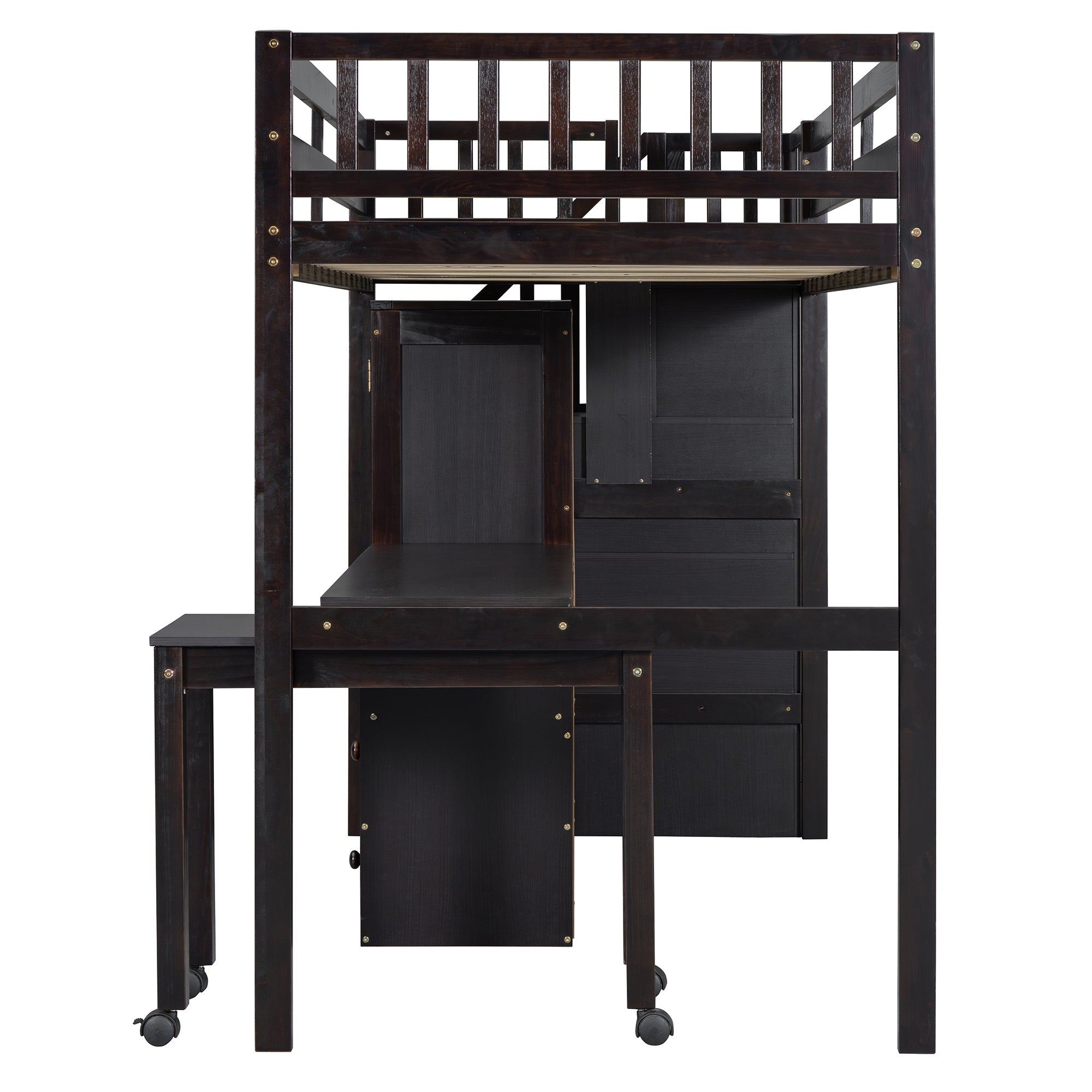 Twin Size Loft Bed with Stairs, Bookshelf, Drawers, Desk & Wardrobe – Space-Saving Multifunctional Furniture for Kids & Teens-Espresso