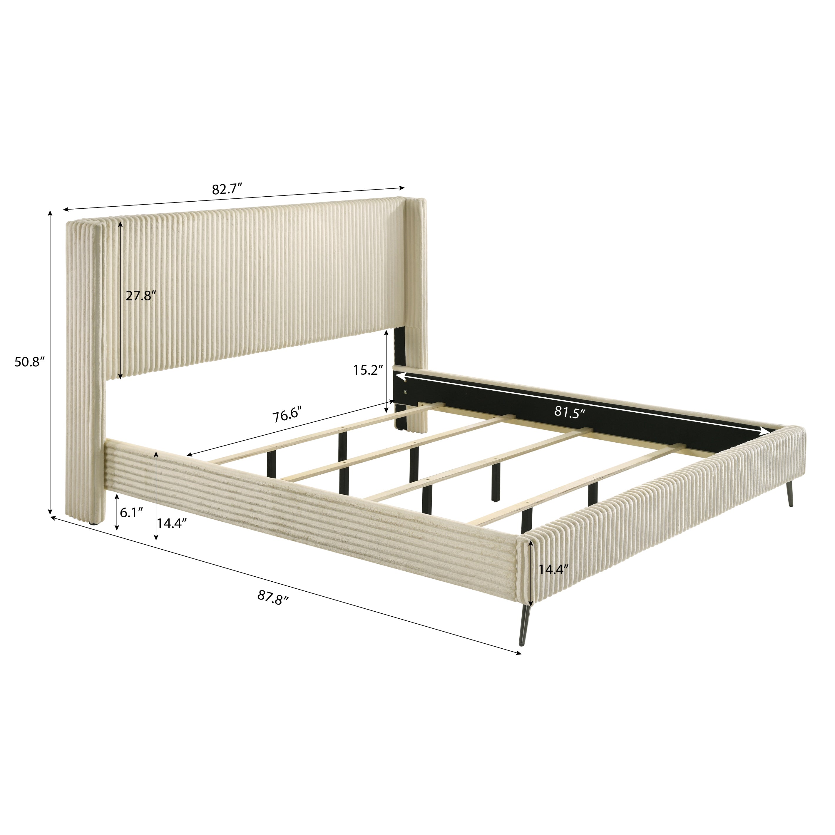 Mavela Wide Wale Corduroy Upholstery Panel King Bed with 2 Nightstands, Cream