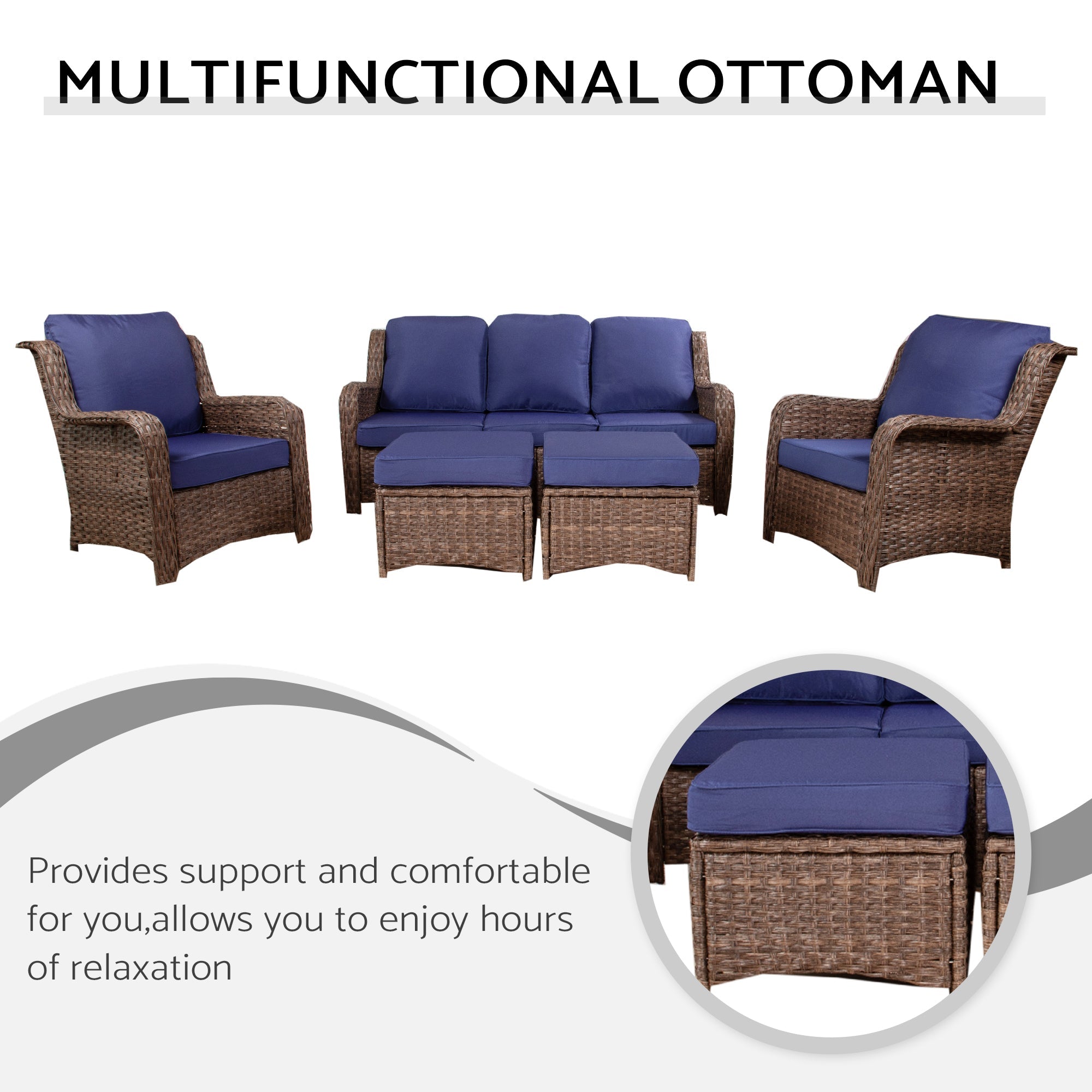 Patio Furniture Set Rattan Outdoor Sectional Conversation Sets 3-Seat Outdoor Couch,2 Single Chair and 2 Ottoman for Lawn, Balcony, Garden, Backyard (Gray-Navy, Set of 5)