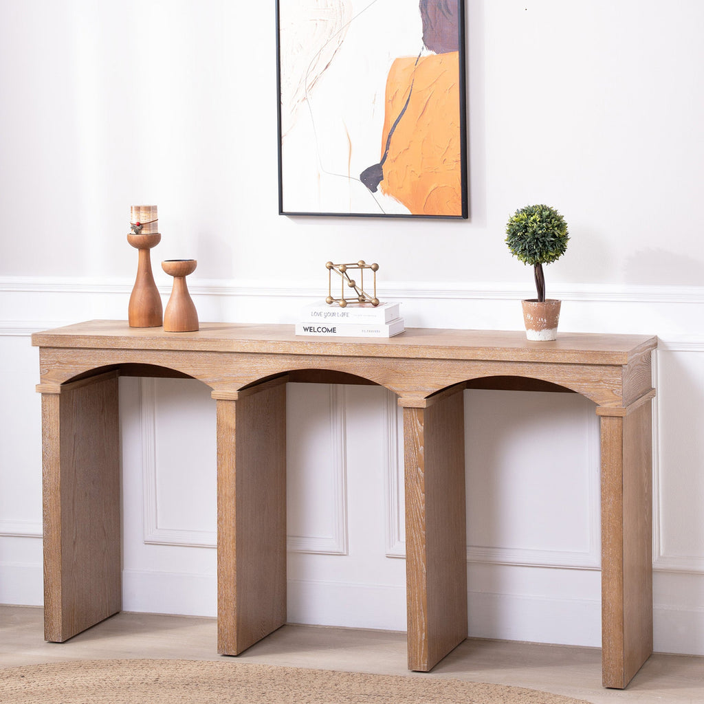 Rustic Archway Console Table – 60'Long Entryway Table with Decorative Arched Legs, Natural Wood Finish, Narrow Sofa Table for Hallway, Living Room, or Foyer