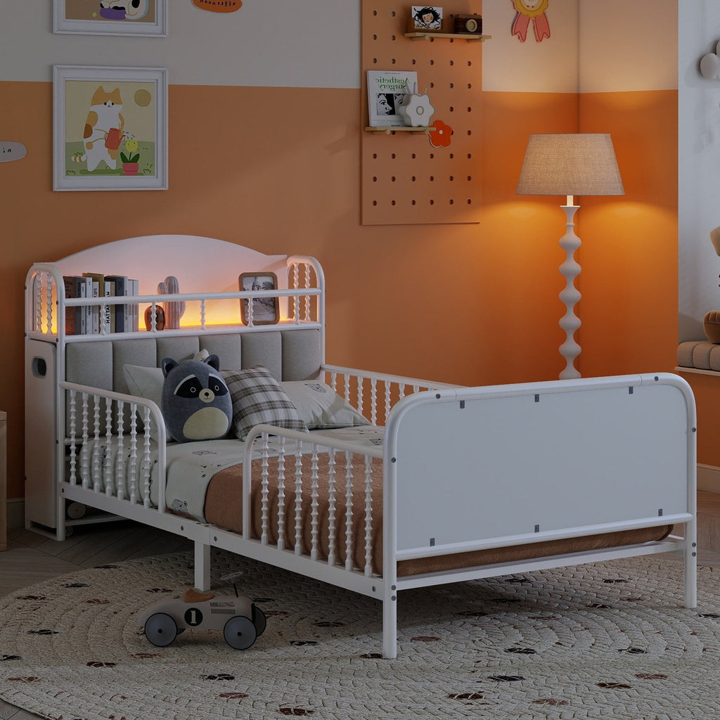 Twin Size Metal Platform Bed Frame with Light, Kids Twin Metal Bed with Upholstered and Pull Out Storage Shelves, White (Expect Arrival Date 2025/10/5)