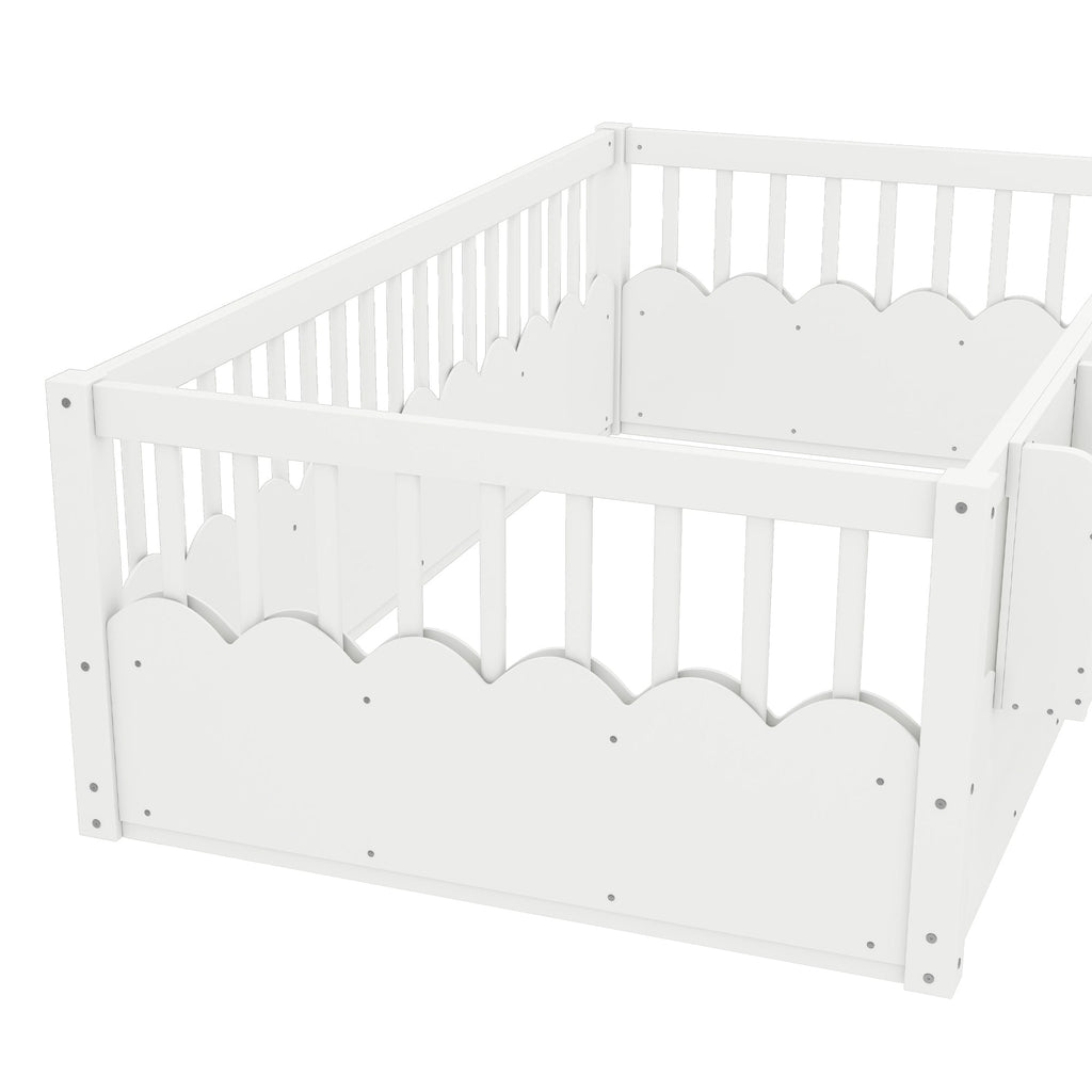 Twin Floor bed with Heightened Fence and bookshelf ,Wood Floor Bed for Kids, White.