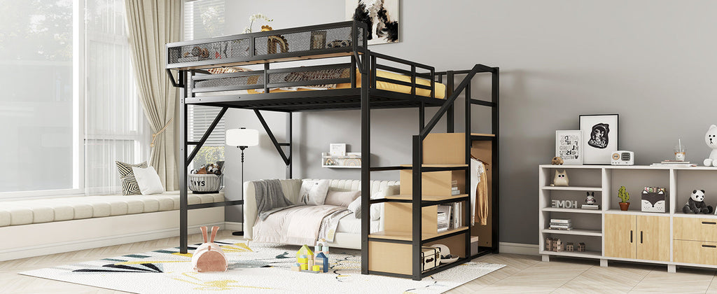 Queen Size Loft Bed with Stairs, Metal Queen Loft Bed with Storage Shelves, High Loft Bed with Wardrobe for Kids Teens Adults, Black(Old SKU W2580S00026 ) Patent Products