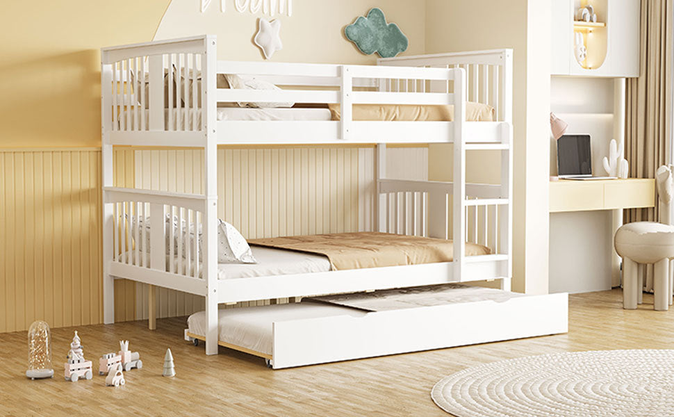 Full over Full Bunk Bed with Twin Size Trundle and Ladder-White(Old SKU: LT000204AAK)