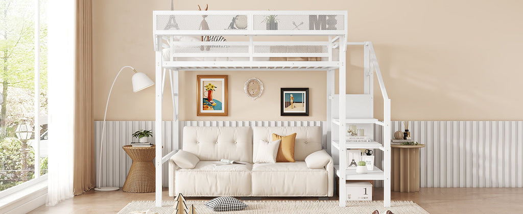 Twin Size Loft Bed with Stairs, Metal Full Loft Bed with Storage Shelves, High Loft Bed with Wardrobe for Kids Teens,White(Expect Arrival Date 2025/9/22)