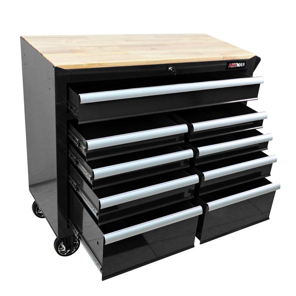 9-Drawer Multifunctional Steel Tool Cart with Wheels and Wooden Top, Black