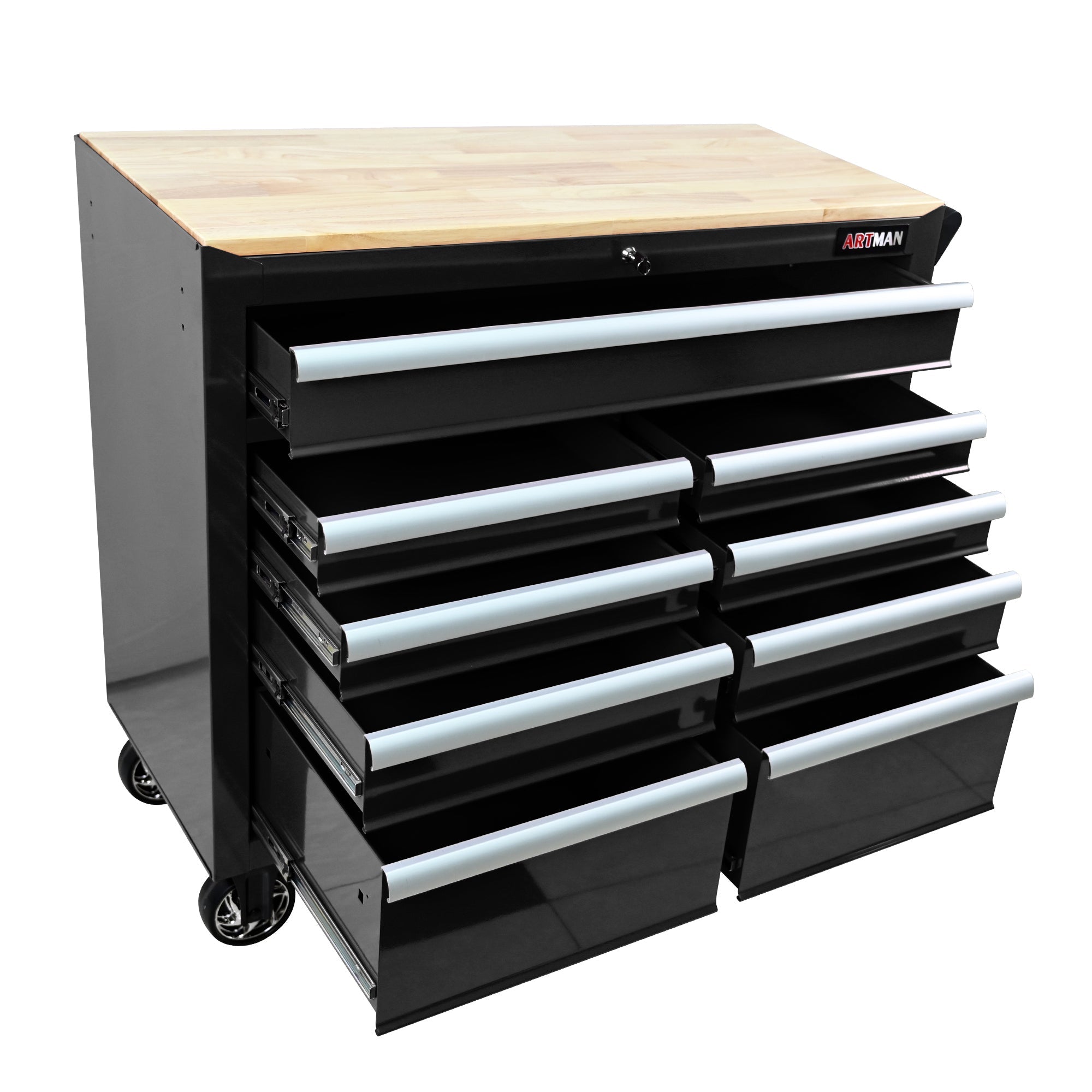 9-Drawer Multifunctional Steel Tool Cart with Wheels and Wooden Top, Black
