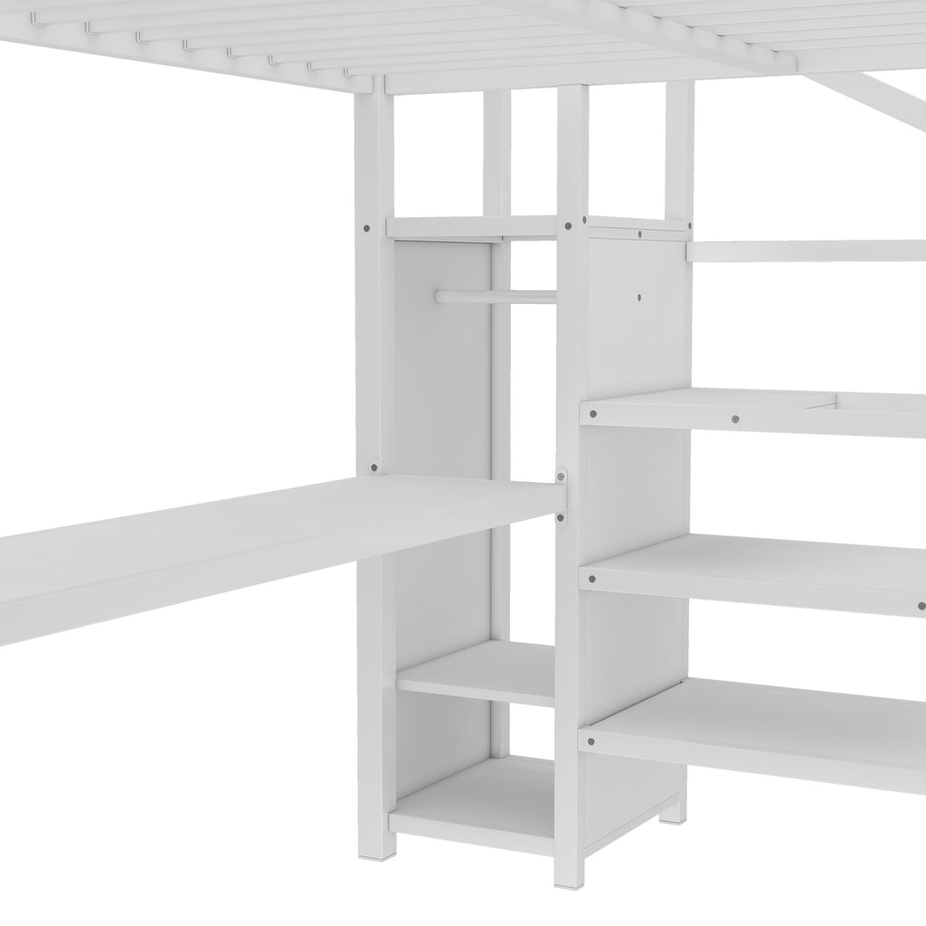 Queen Size Loft Bed with L-shaped Desk and USB, Metal Loft Bed with Wardrobe and Adjustable Shelf, High Loft Bed with LED for Kids Teens Adults, White