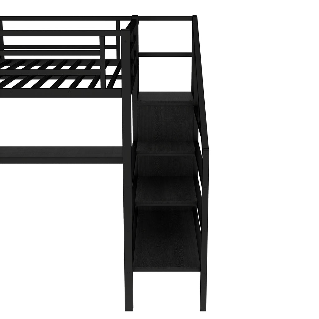 Queen Size Loft Bed with L-shaped Desk and USB, Metal Loft Bed with Wardrobe and Adjustable Shelf, High Loft Bed with LED for Kids Teens Adults, Black