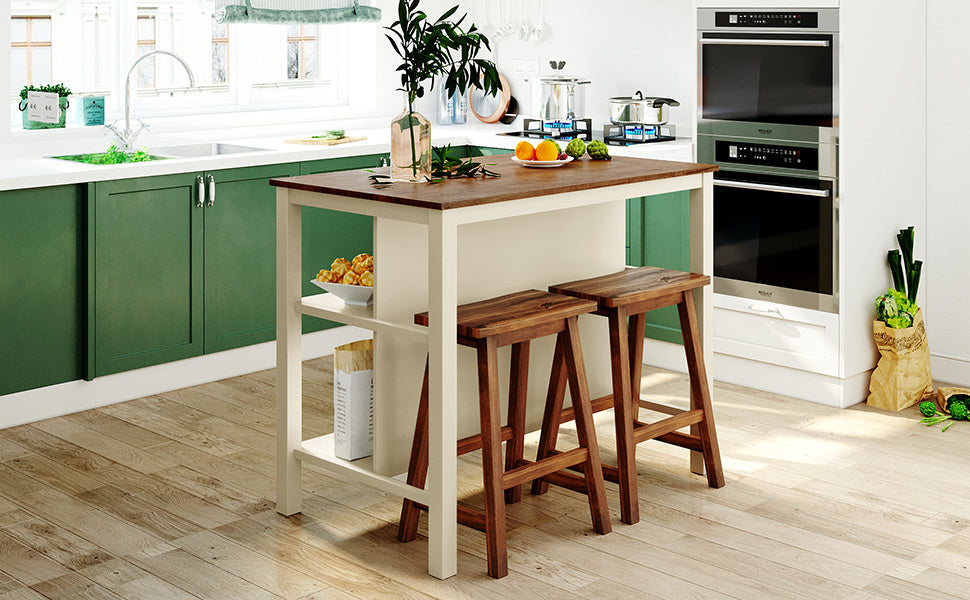 TOPMAX Rustic 3-piece Stationary Kitchen Island Set with Butcher Block and Seating, Walnut and Cream White