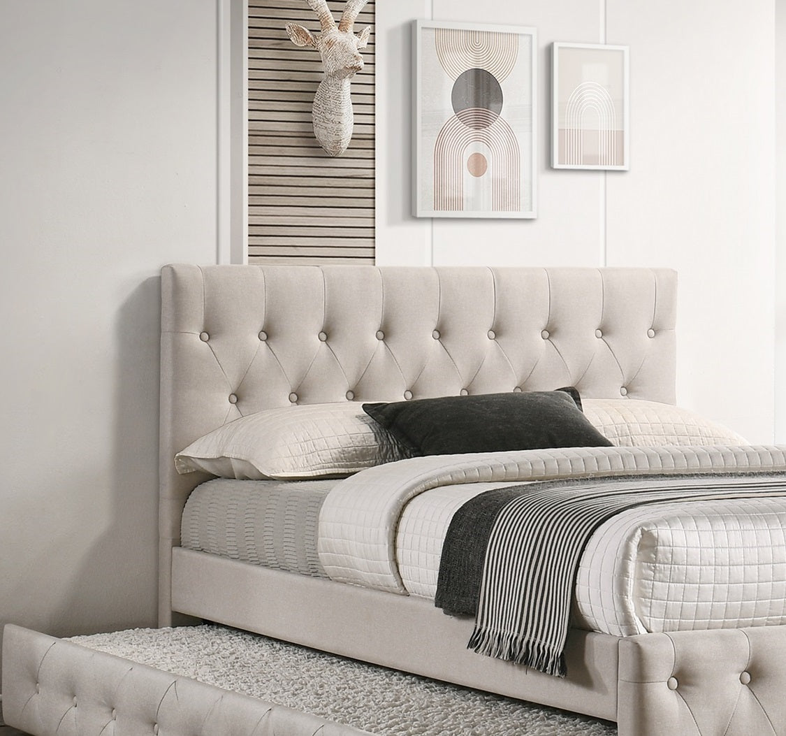Contemporary Twin Size Bed w/ Trundle Slats Light Brown Burlap Upholstered Tufted Headboard Footboard Youth Bedroom Furniture wooden Slats 1pc Bed