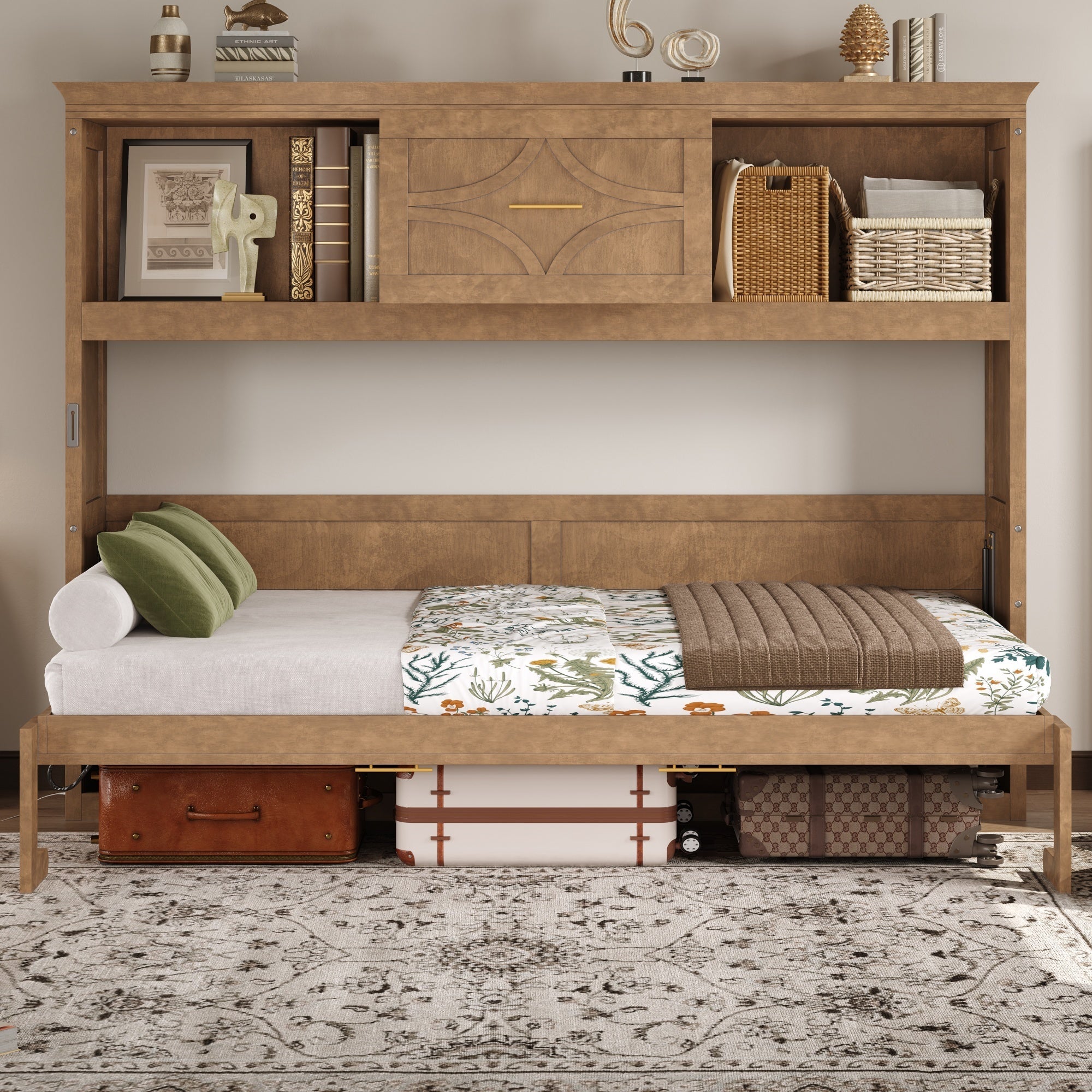 Twin Size Murphy Bed with Charging Station and Drawer in Wood Color, Solid Pine Wood + MDF