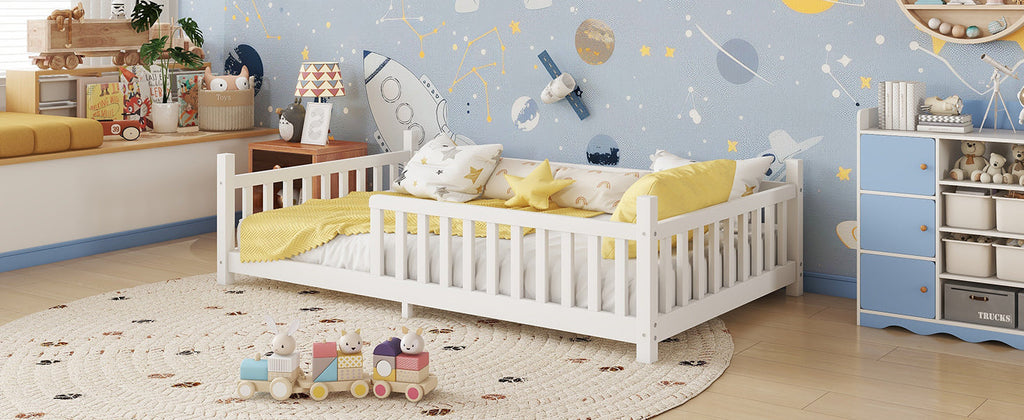 Twin House Bed with Light, Low Floor House Bed with Fence and Roof for Kids Boys Girls,White(Expect arrive date 2025/7/20)