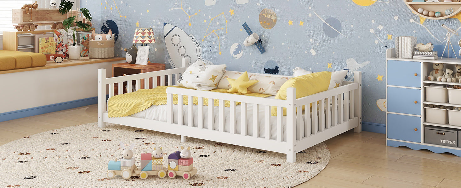 Twin House Bed with Light, Low Floor House Bed with Fence and Roof for Kids Boys Girls,White(Expect arrive date 2025/7/20)