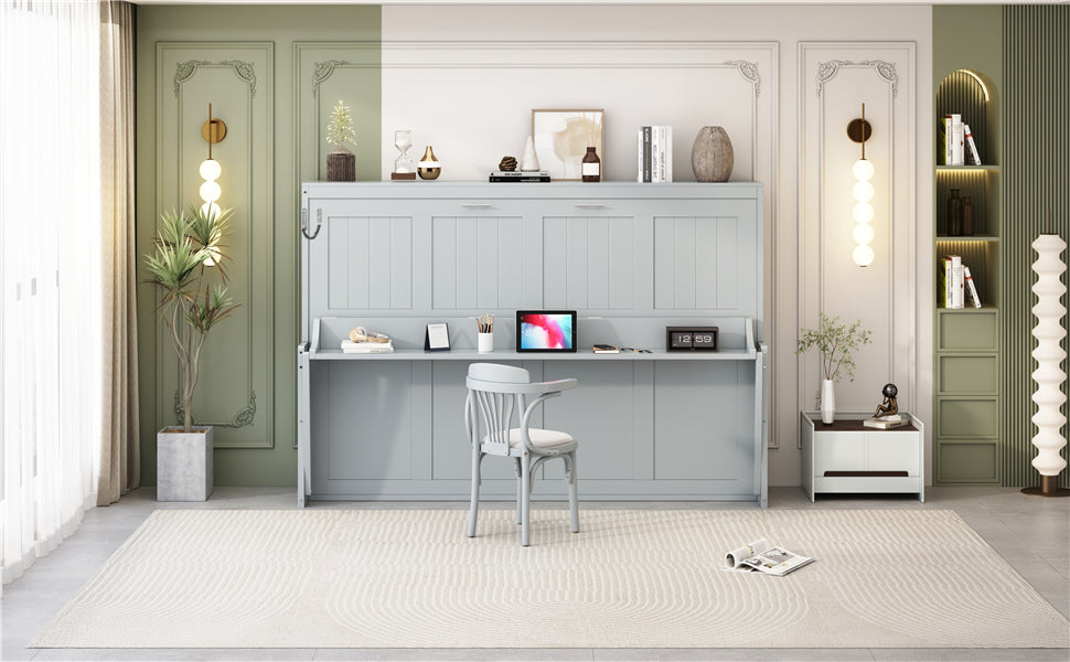 Queen Size Murphy Bed with Hydraulic Lift & Desk Design, Gray(OLD SKU: N820S00033E)