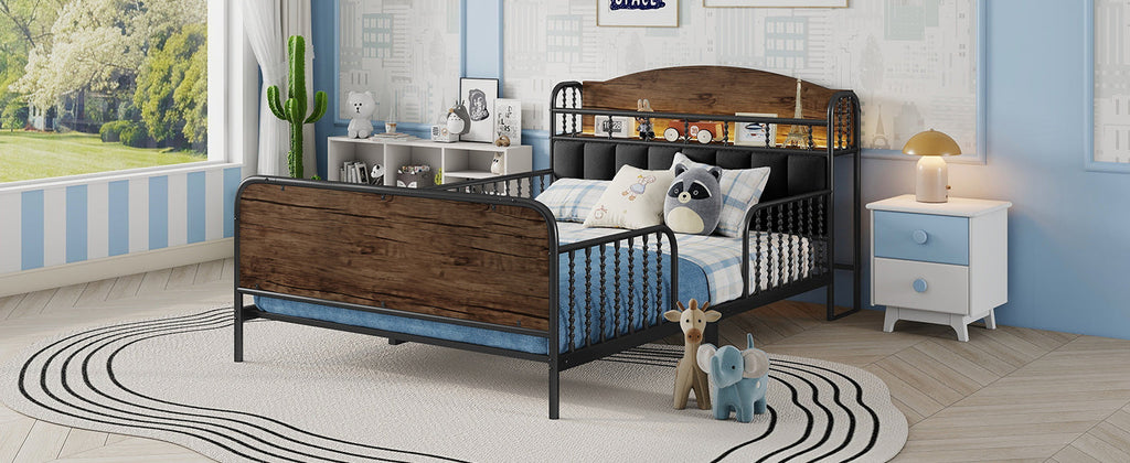 Full Size Metal Platform Bed Frame with Light, Kids Full Metal Bed with Upholstered and Storage Headboard, Black (Expect Arrival Date 2025/10/5)