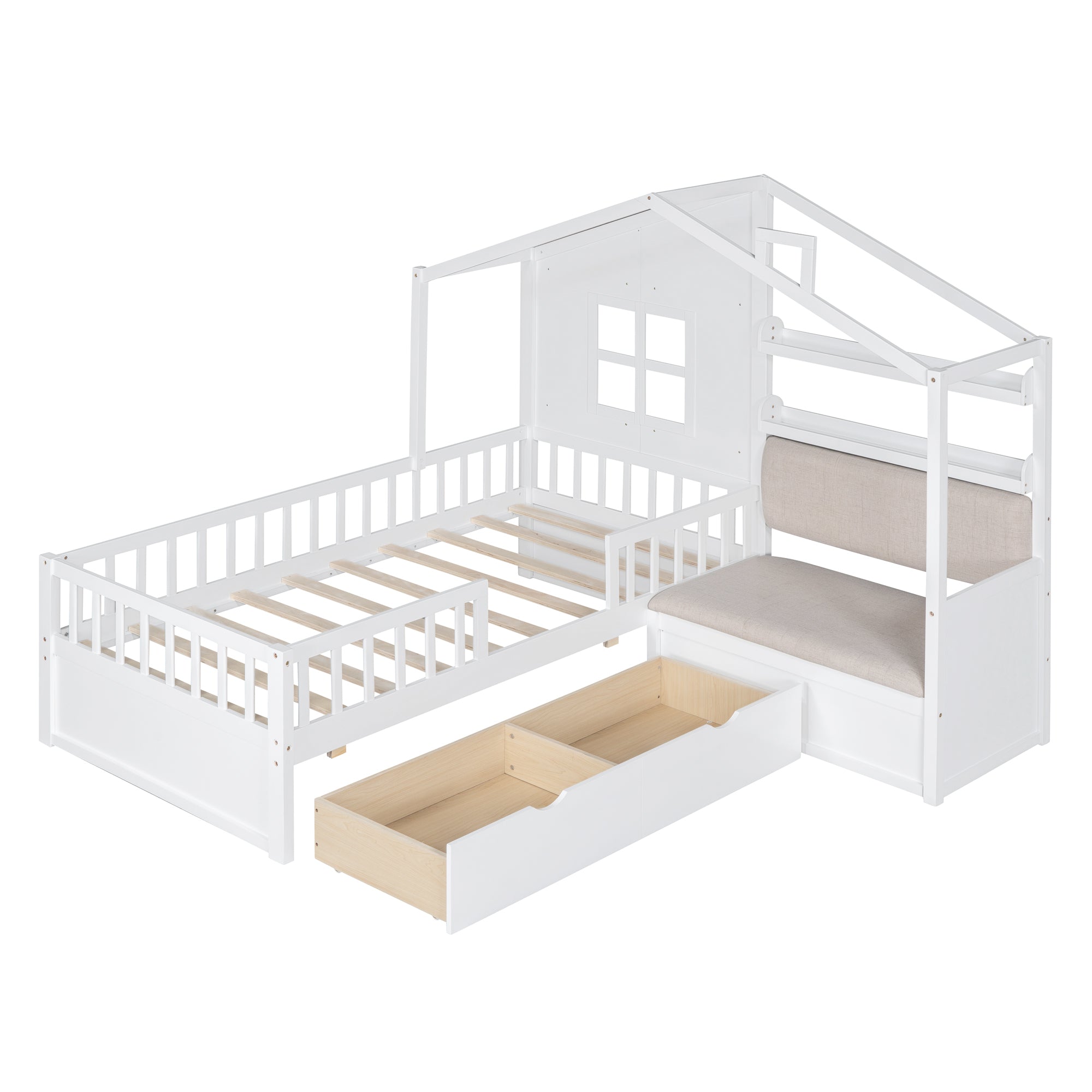 Twin Size House Bed with Sofa, Kids Platform Bed with Two Drawers and Storage Shelf, White (Old SKU:HL000065AAK)