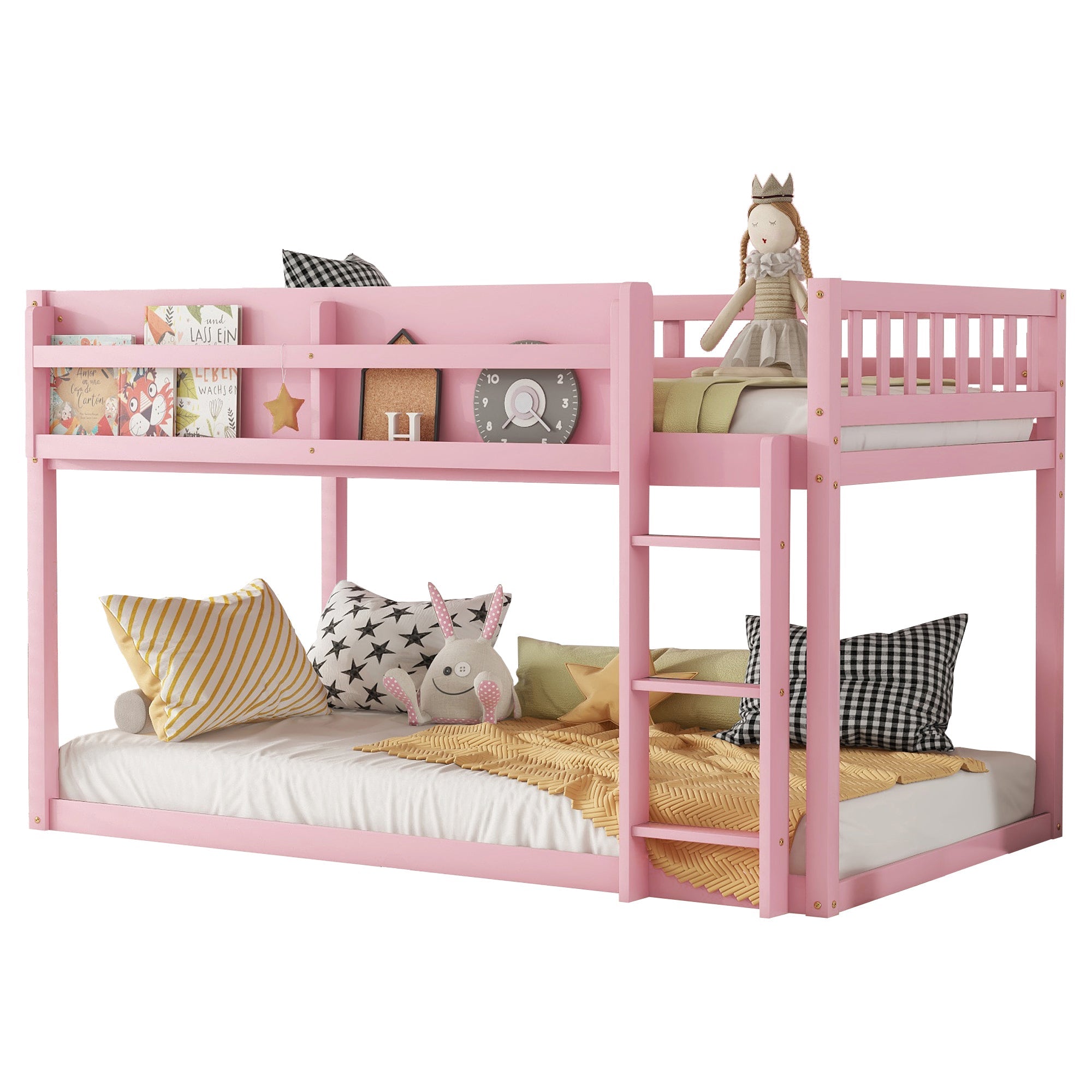 Low Twin Over Twin Bunk Bed, Floor Bunk Bed with Ladder, Solid Wood Twin Bunk Bed for Kids & Juniors, Pink(Expect Arrival Date 2025/11/25)