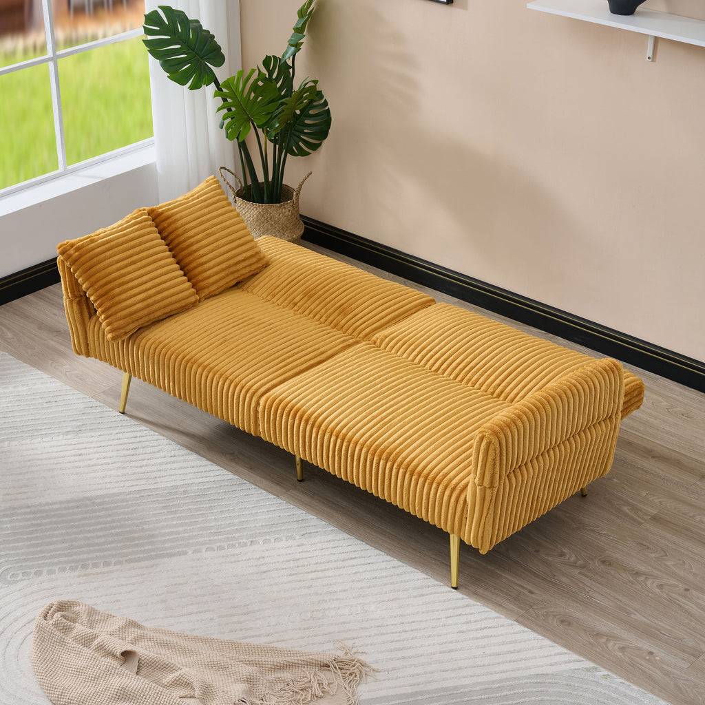 Luxury Corduroy Foldable Double Sofa Bed with Folding Armrests, Yellow, Solid Wood Frame, 79 Inch