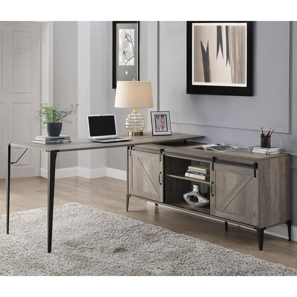 L-Shape Writing Desk with Cabinet, Gray Oak and Black