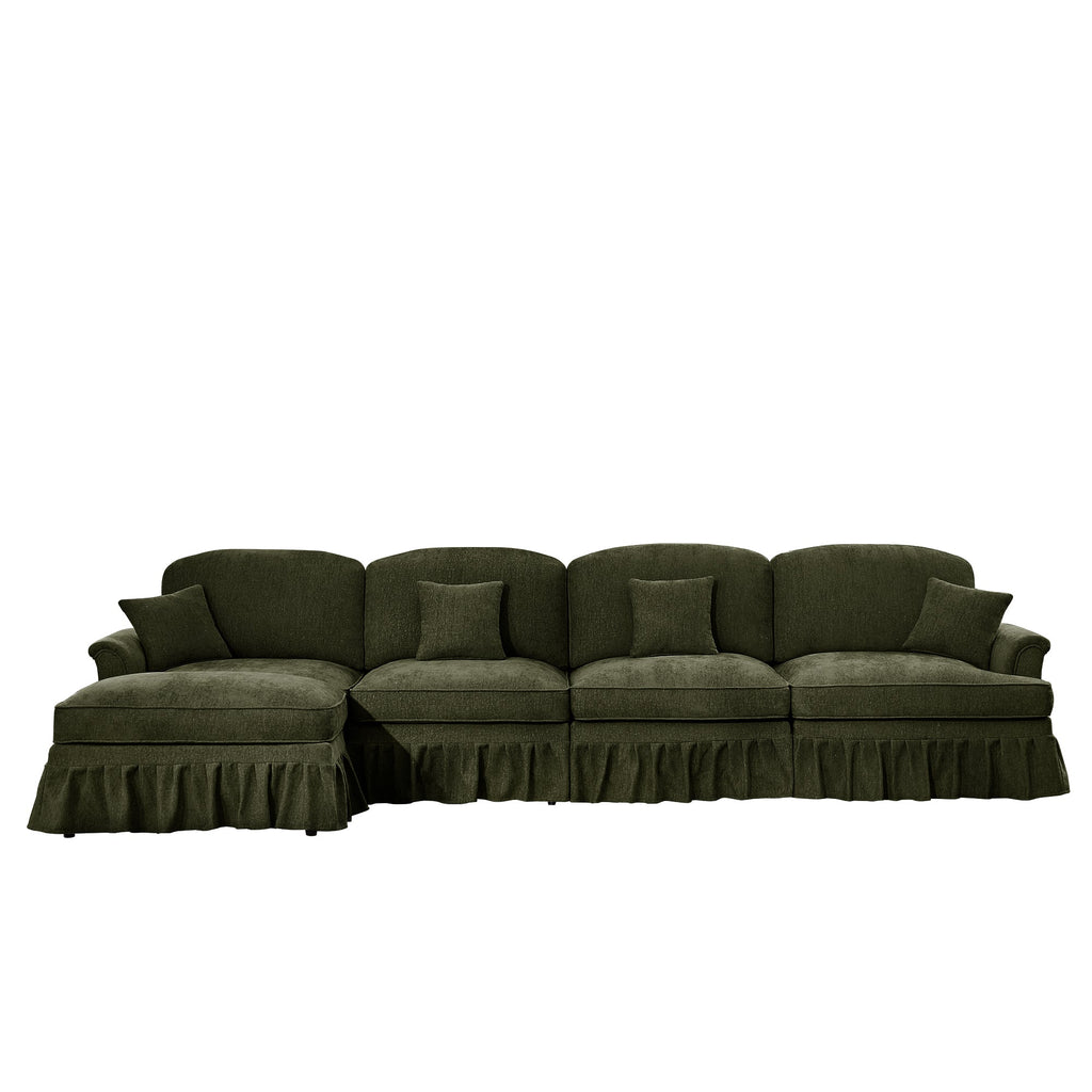 Classic Three Seater Modular L Shaped Sectional Couch with Flared Arms and Removable Ruffles Pleats Skirts and Spindle Legs, Comfy Chenille Four-Seat Deep Seat Sofa with Movable Ottoman, Green