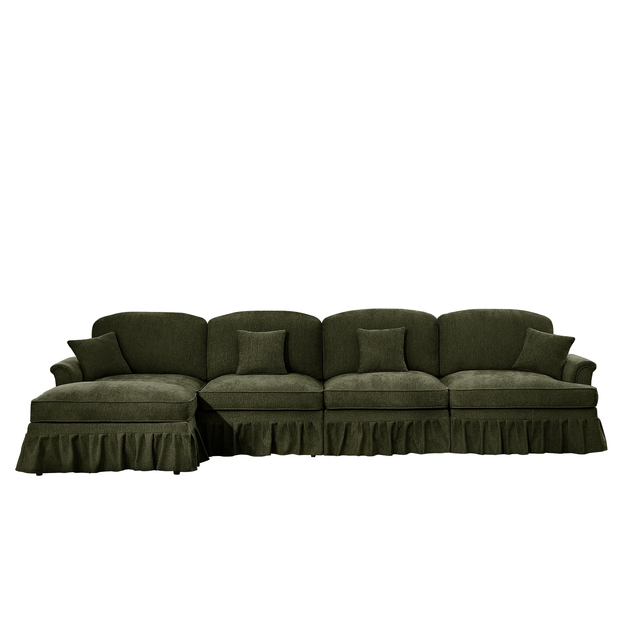 Classic Three Seater Modular L Shaped Sectional Couch with Flared Arms and Removable Ruffles Pleats Skirts and Spindle Legs, Comfy Chenille Four-Seat Deep Seat Sofa with Movable Ottoman, Green