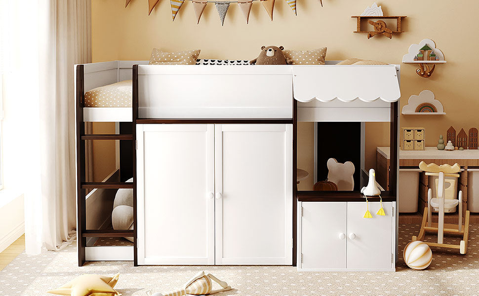 Full Loft House Bed with Playhouse & Storage, Modern Wood Cabin Bed for Kids/Teens, White+Espresso