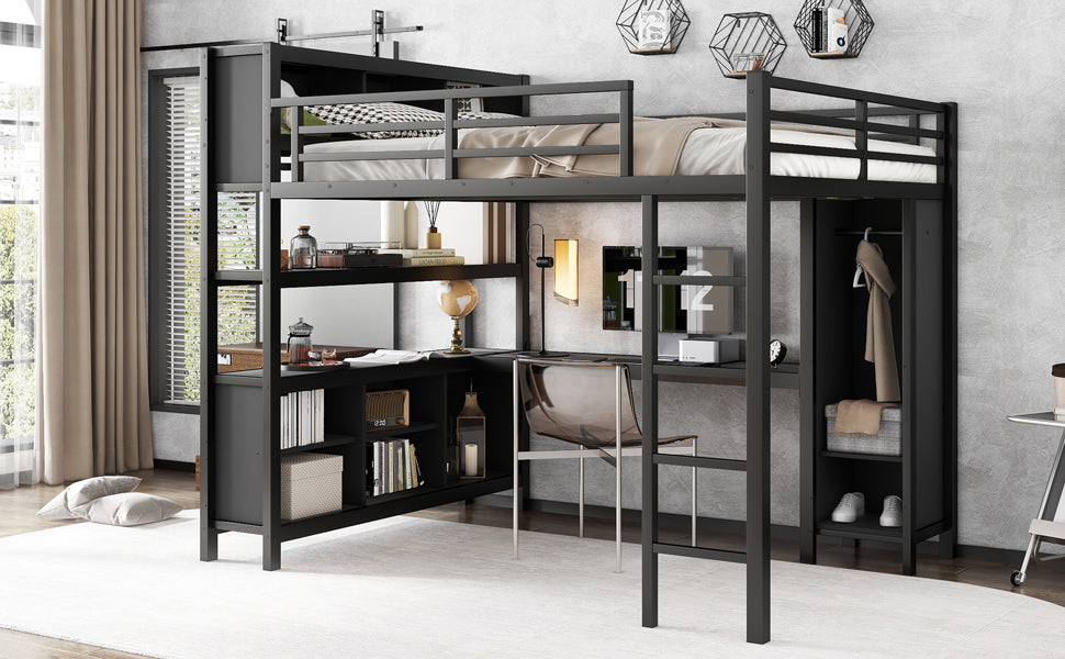 Metal Loft Bed with Wardrobe And L-shaped Desk, Queen Size Loft Bed with Storage Cubes and Shelves, Heavy Duty Loft Bed for Kids Teens Adults, Black