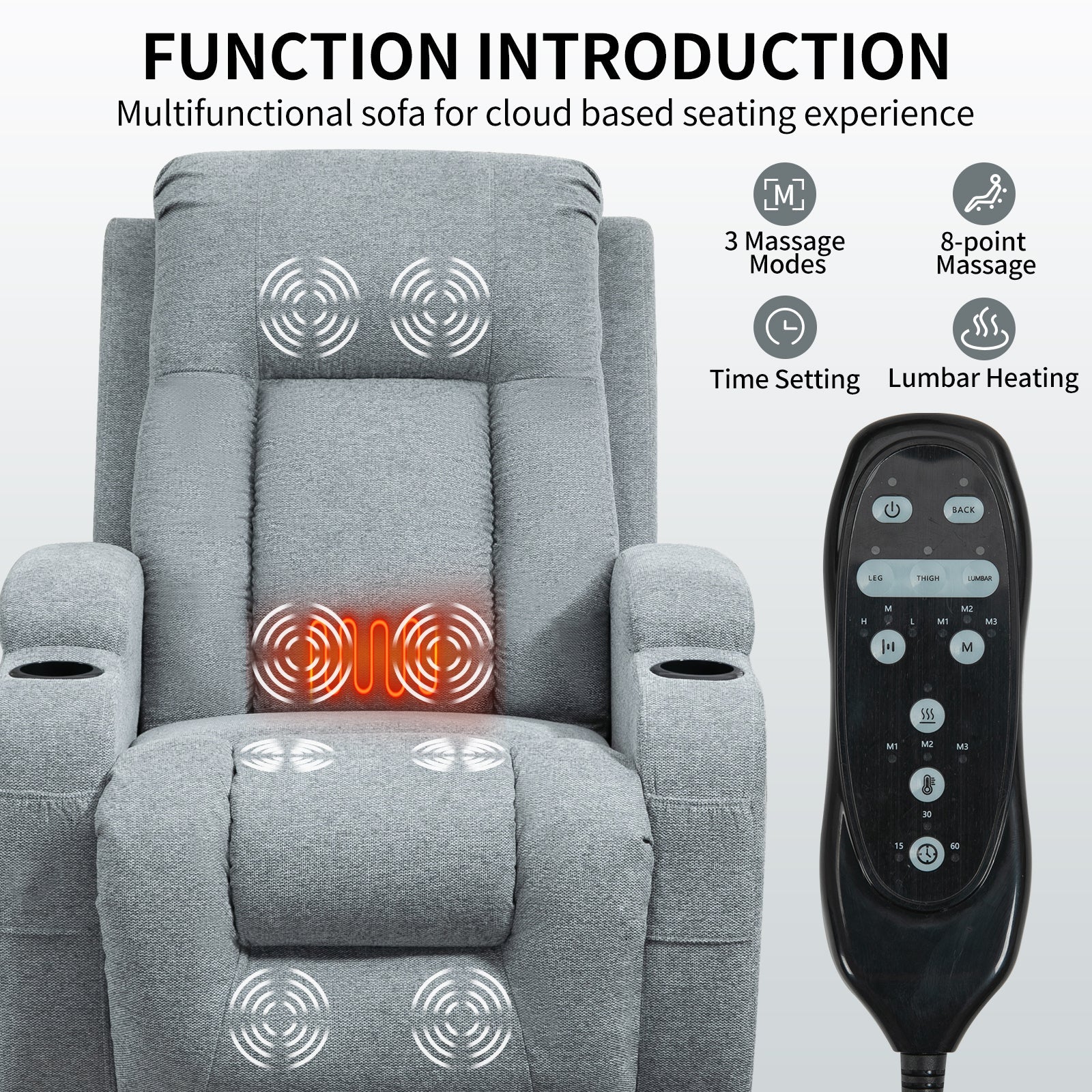 Infinite Position Single Motor Up to 350 LBS Power Lift Recliner Chair for Elderly, Heavy Duty Motion Mechanism with 8-Point Vibration Massage and Lumbar Heating, USB Charging Port, Cup Holders, Grey